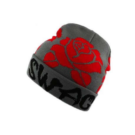 Bonnet Swag Gris avec Roses Rouges BONNETS Nyls Création