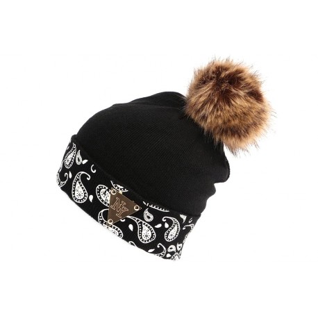 Bonnet Pompon Fourrure Noir NY Bandana ANCIENNES COLLECTIONS divers