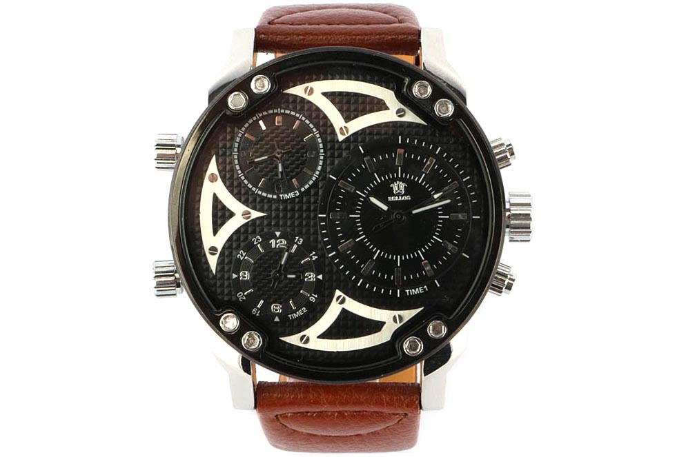Montre Homme Bracelet Cuir Marron 3 Fuseaux Horaires Kursk Livre 48h