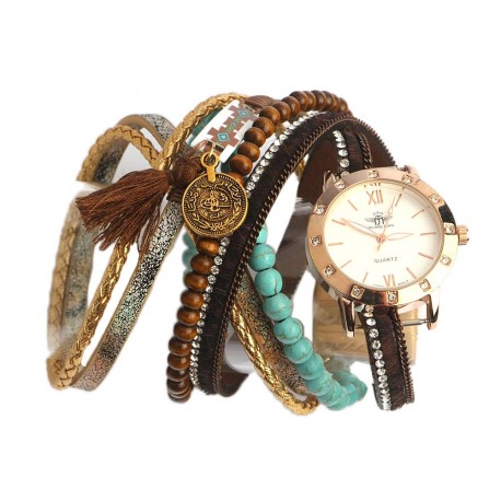 Montre bracelet double tour Marron et turquoise Tella ANCIENNES COLLECTIONS divers