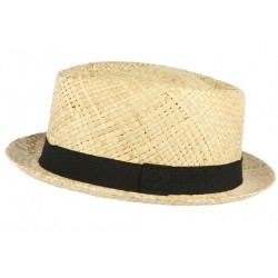 Chapeau Porkpie paille beige ceinture noire Charly CHAPEAUX Léon montane