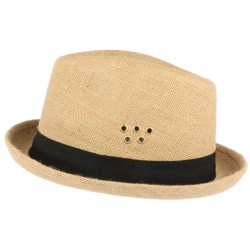 Chapeau Porkpie en lin beige ceinture noire Hackman ANCIENNES COLLECTIONS divers