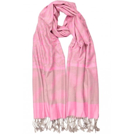 Echarpe Pashmina rose petale et argent avec soie Patna Echarpe Léon montane