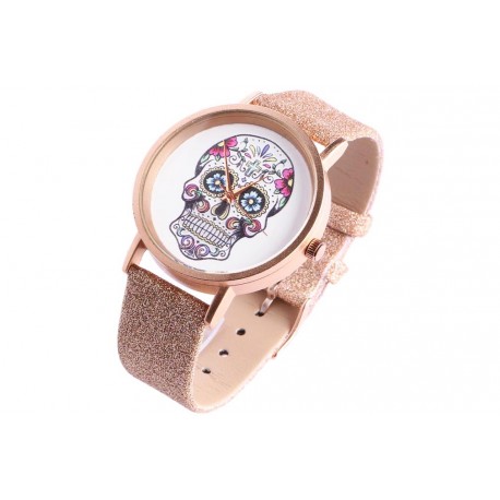 Montre bracelet paillettes dorees avec tete de mort fashion Michael John ANCIENNES COLLECTIONS divers