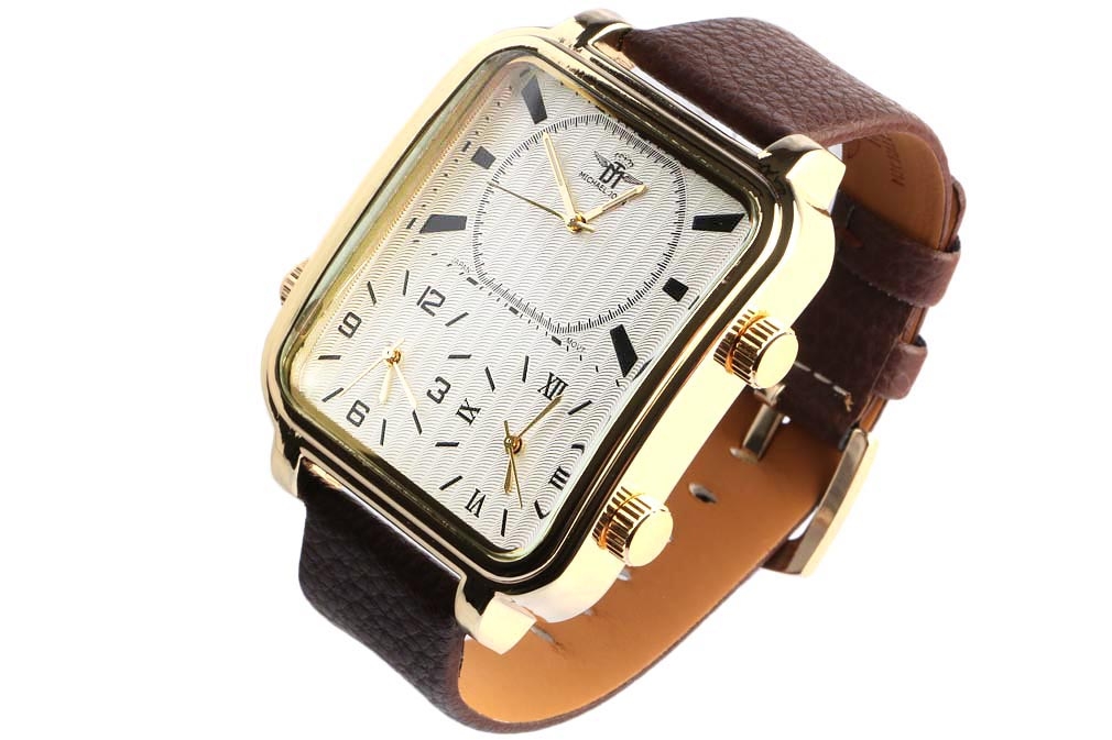 Montre chronographe bracelet cuir marron, montre rectangle livré 48h!