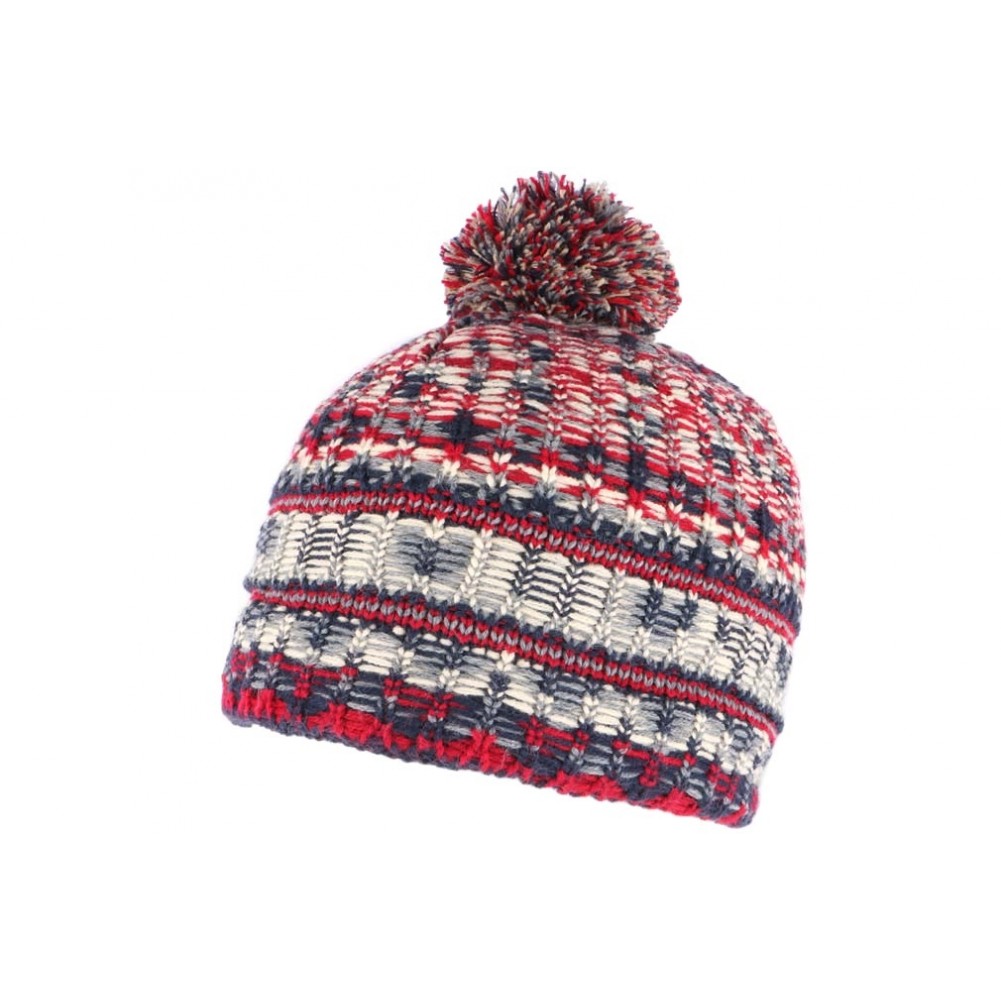 Bonnet à pompon tricoté à la main pour homme, 100 % laine, fil chiné  bicolore, chapeau d'hiver chaud, terre rouge, bleu, rayures, doublé  polaire, commerce équitable -  Canada