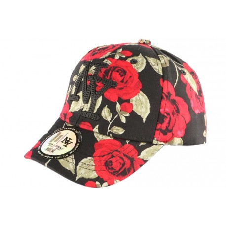 Casquette Enfant Noire Fleurs Rouges NY Bora de 7 à 12 ans ANCIENNES COLLECTIONS divers