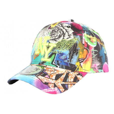 Casquette Enfant NY Bleu et Jaune Fluo Crazy Circle de 7 à 11 ans Casquette Enfant Hip Hop Honour