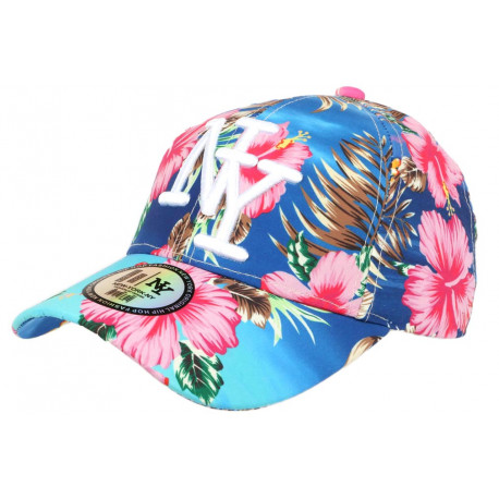 Casquette Enfant Bleue Fleurs Roses Tropicales Baseball NY Hawai de 7 a 12 ans Casquette Enfant Hip Hop Honour