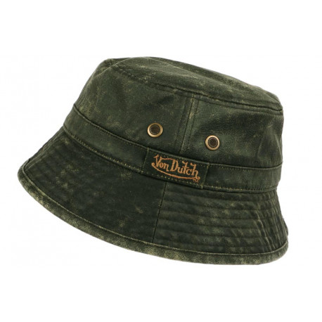 Chapeau Bob Von Dutch Vert Kaki Coton Esprit Cuir Vintage BOB VON DUTCH