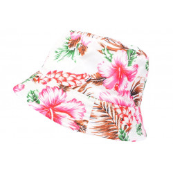 Chapeau Bob Blanc Fleurs Roses et Vertes Tropicales Hawai Tendance BOB Hip Hop Honour