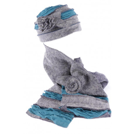 Bonnet echarpe gris bleu en laine bouillie Mona BONNETS Léon montane