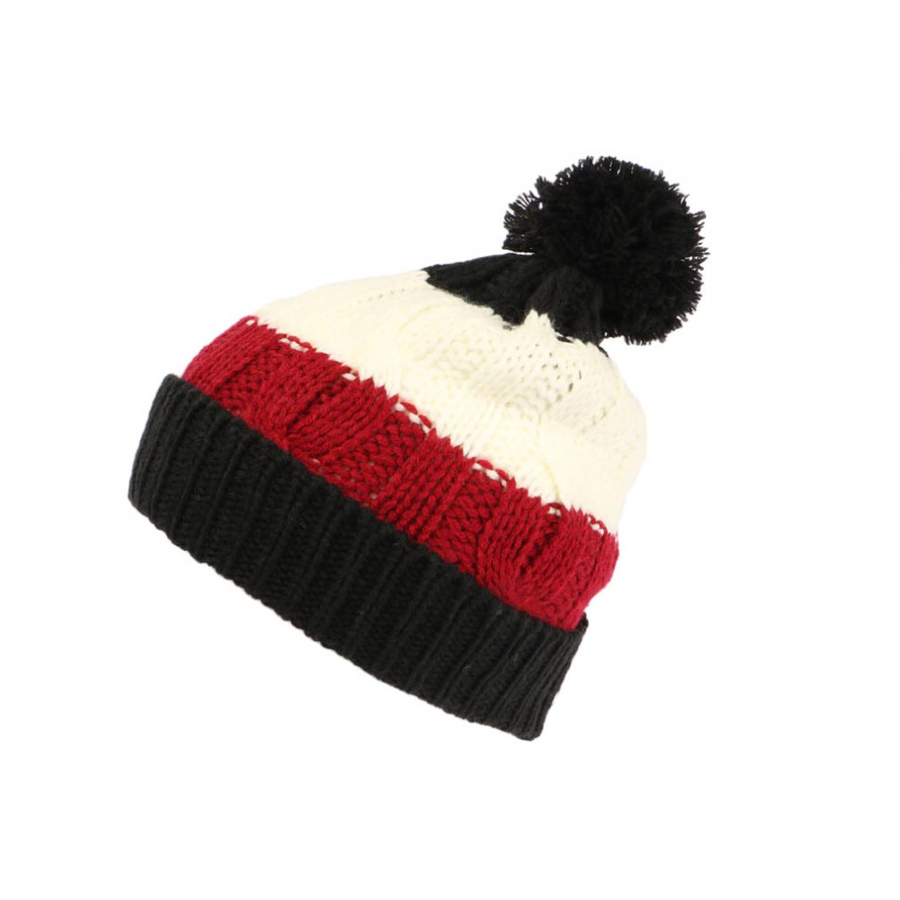 Bonnet pompon enfant noir rouge, bonnet garçon fille laine livré 48h!