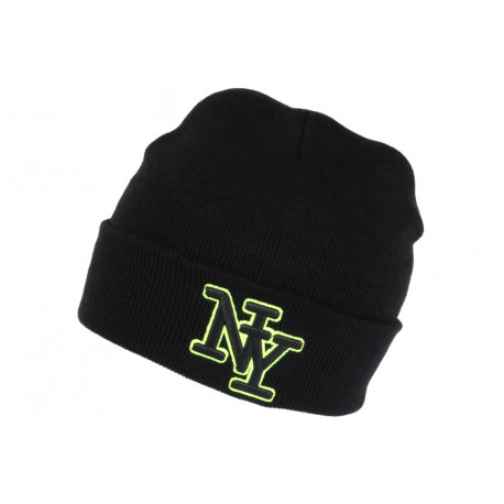 Bonnet NY Enfant Noir et Jaune Fluo en Laine Douce Newy de 7 a 12 ans Bonnet Enfant Hip Hop Honour