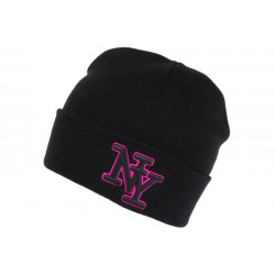 Bonnet NY Enfant Noir et Rose en Laine Douce Newy de 7 a 12 ans Bonnet Enfant Hip Hop Honour