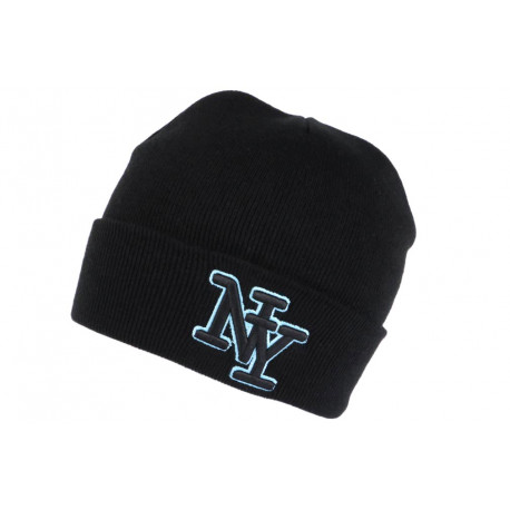 Bonnet NY Enfant Noir et Bleu Ciel en Laine Chaude Newy de 7 a 12 ans Bonnet Enfant Hip Hop Honour