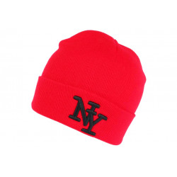 Bonnet New York Rouge et Noir à Revers Fashion en Laine Douce Nevy BONNETS Hip Hop Honour