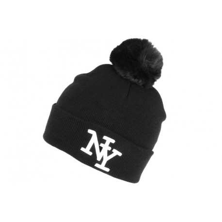 Bonnet Pompon NY Noir et Blanc en Laine Look Tendance Katzy BONNETS Hip Hop Honour