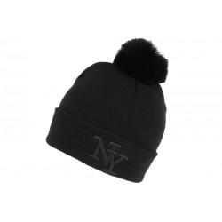 Bonnet Pompon Fourrure NY Noir en Laine Look Tendance Katzy BONNETS Hip Hop Honour