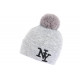 Bonnet Pompon NY Gris et Noir en Laine Look Tendance Katzy BONNETS Hip Hop Honour