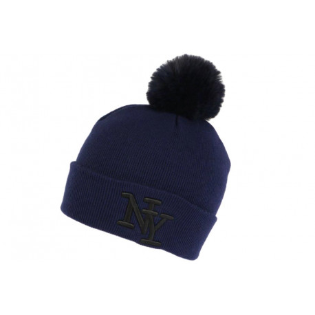 Bonnet Pompon NY Bleu Marine et Noir en Laine Look Fashion Katzy BONNETS Hip Hop Honour