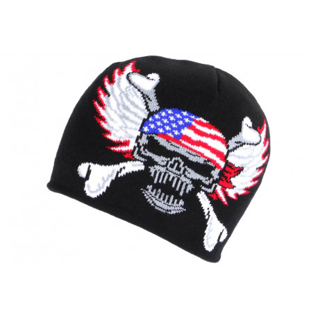 Bonnet Biker Tete de Mort et Ailes Aigle Drapeau USA en Laine BONNETS Nyls Création