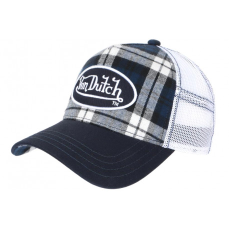 Casquette Von Dutch Blanche et Bleue Carreaux Retro Trucker Baseball Car CASQUETTES VON DUTCH