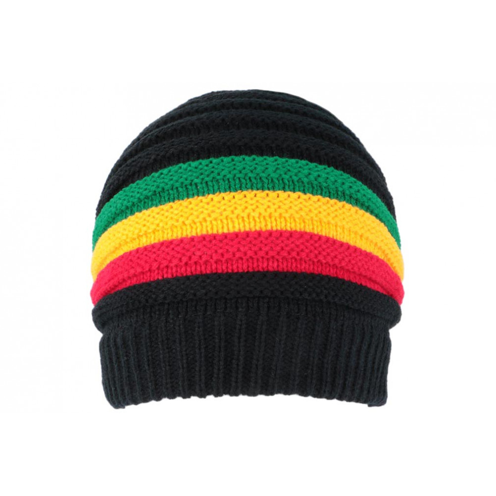 bonnet filet couleurs rasta et noir tricote large legerement extensible