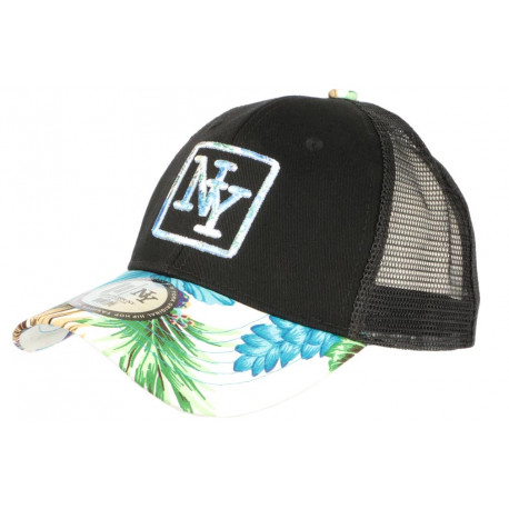 Casquette Trucker NY Bleue et Noire Tropicale Filet Baseball Hawaii CASQUETTES Hip Hop Honour