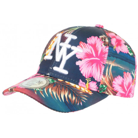 Casquette NY Bleue Marine Fleurs Roses Tropicales Fashion Baseball Hawai CASQUETTES Hip Hop Honour
