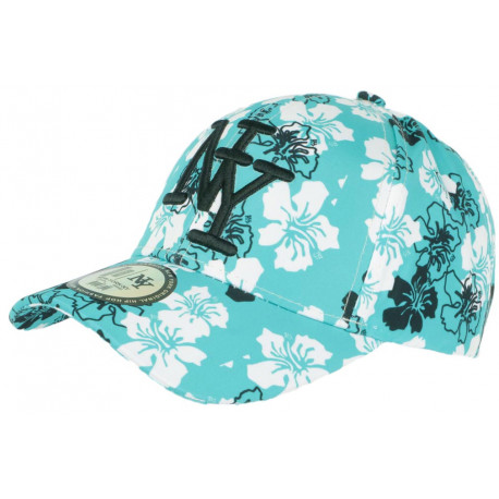 Casquette Enfant Turquoise Fleurs Blanches NY Baseball Phuket de 7 a 12 ans ANCIENNES COLLECTIONS divers