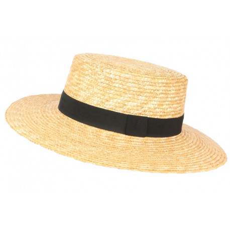 Grand chapeau de paille canotier beige ceinture noire Bazyl CHAPEAUX Léon montane