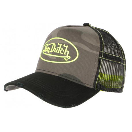 Casquette Von Dutch Camouflage Gris Patch Jaune Fluo Custom Baseball Cam CASQUETTES VON DUTCH