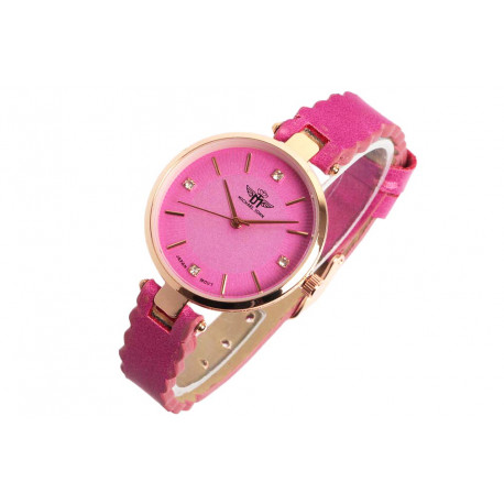 Montre Femme Rose Fuchsia Cuir et Strass Doré Originale Lily Montre Michael John