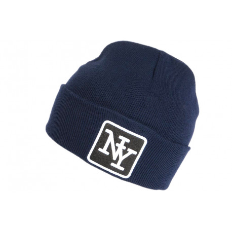 Bonnet NY Bleu Ecusson Strass Noir Fashion Laine Chaude Newyk BONNETS Hip Hop Honour