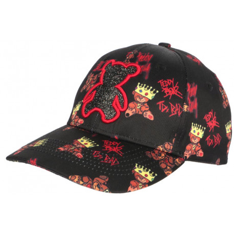 Casquette Teddy Bad Noire et Rouge Strass Print Streetwear Fashion Baseball CASQUETTES SKR