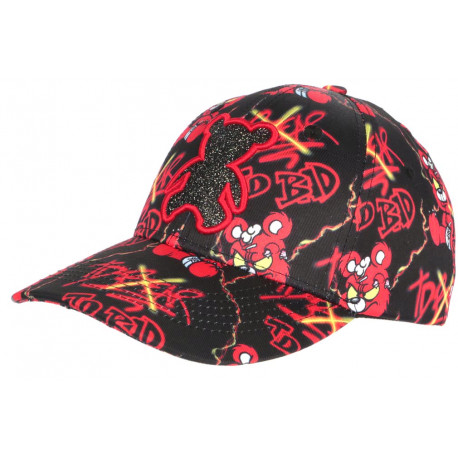 Casquette Teddy Bad Noire et Rouge Strass Design Streetwear Baseball CASQUETTES SKR