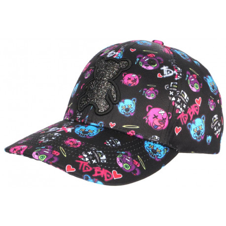 Casquette Teddy Bad Rose et Noire Strass Print Streetwear Baseball City CASQUETTES SKR