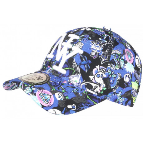 Casquette Enfant Bleue Tête de Mort Print Cartoon NY Skull de 7 a 11 ans Casquette Enfant Hip Hop Honour