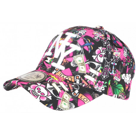 Casquette Enfant Rose Tête de Mort Print Cartoon NY Skull de 7 a 11 ans Casquette Enfant Hip Hop Honour