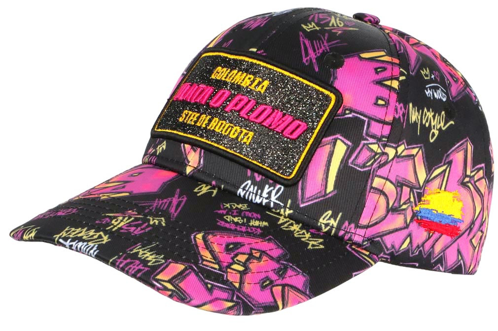 Bob Large 'Plata O Plomo' Rose Et Noir - Style Streetwear Colombie, Strass, Cordon - Taille Unique Adulte - Marque SKR
