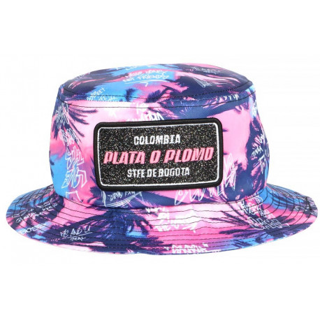 Chapeau Bob Plata o Plomo Rose Bleu Strass Tropical Palmiers BOB SKR