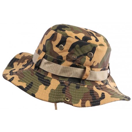 Chapeau Bob safari Camouflage Marron Vert Noir Lien Serrage Bob Safari Nyls Création