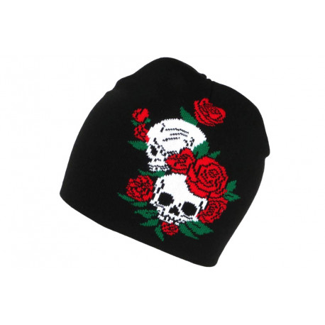 Bonnet Têtes de Mort et ses Roses Rouges Laine Noire BONNETS Nyls Création