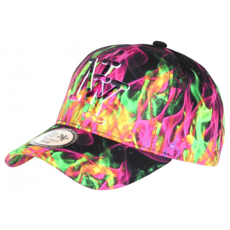 Casquette NY Vert fluo et Rose Print Flammes Streetwear Baseball Fire CASQUETTES Hip Hop Honour