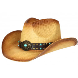 Chapeau Cowboy Marron et Turquoise en Paille Prestige Rodeo CHAPEAUX Nyls Création