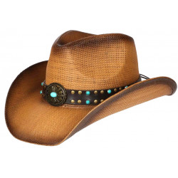 Chapeau Cowboy Marron et Turquoise en Paille Classe Prestige Rodeo CHAPEAUX Nyls Création