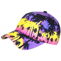 Casquette Miami Jaune Violette Palmiers Tropicale Night Baseball CASQUETTES Hip Hop Honour