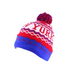 Bonnet NY Bleu et blanc avec pompon BONNETS Nyls Création