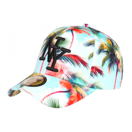 Casquette NY Tropicale Turquoise Corail Palmiers Design Streetwear Bora CASQUETTES Hip Hop Honour